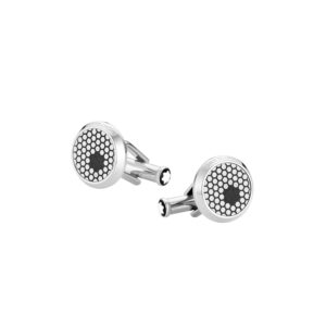 A pair of Montblanc, Star Cufflinks in stainless steel with a black and white star emblem inlay design.