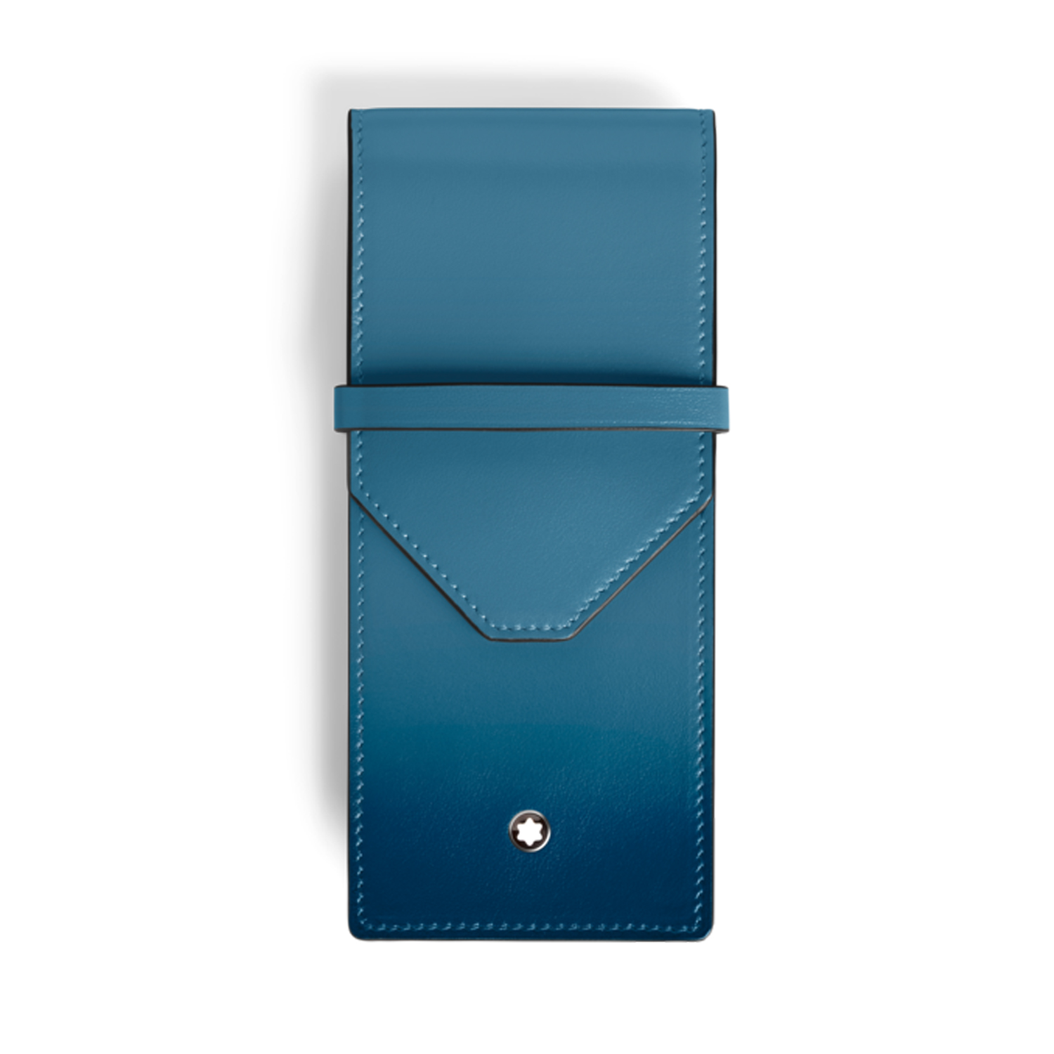 A Montblanc, Meisterstück smoky blue pen pouch crafted in deep shine leather with a hand-applied sfumato effect with space to hold three writing instruments.