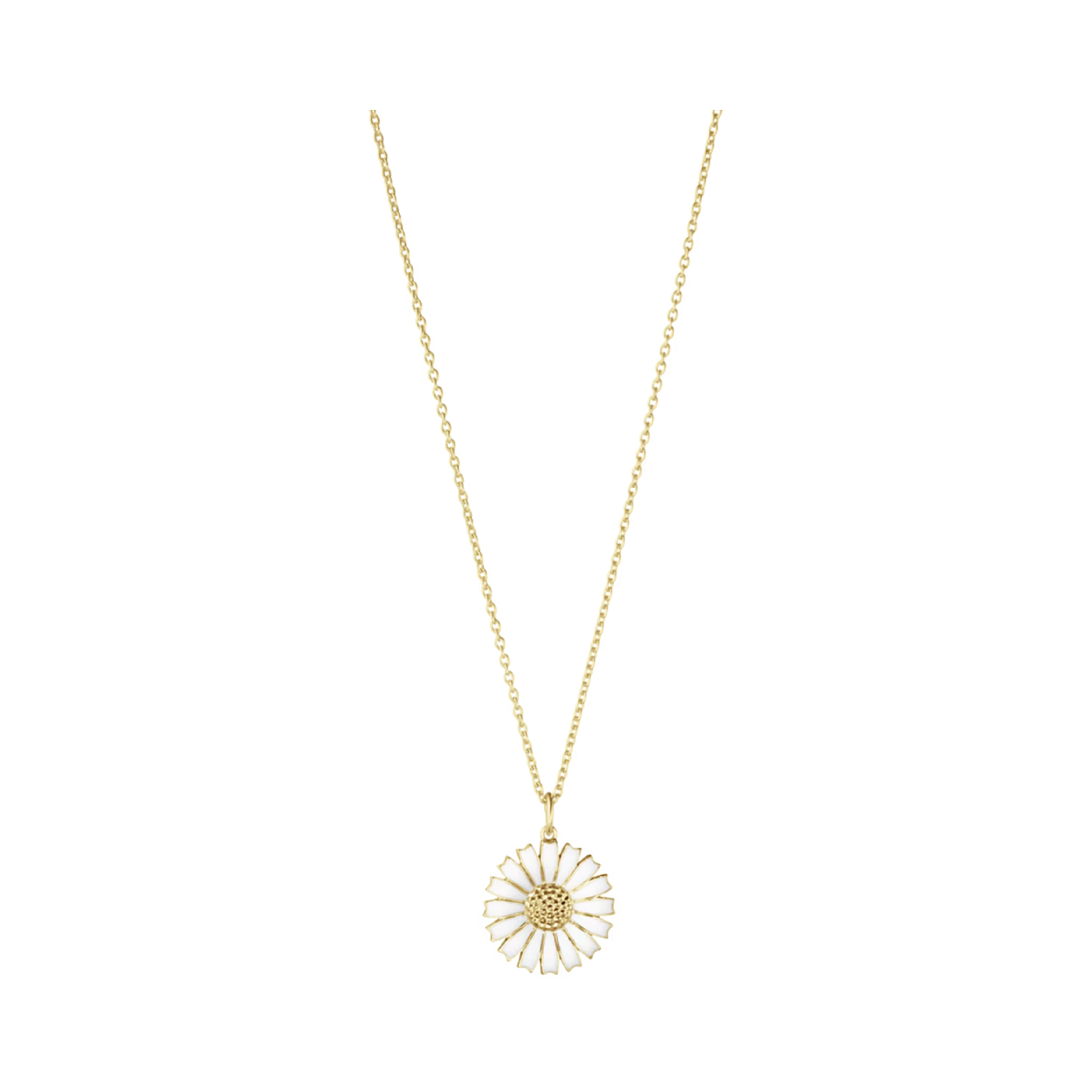 A gold-plated sterling silver white enamelled flower pendant and chain from Georg Jensen’s Daisy collection.