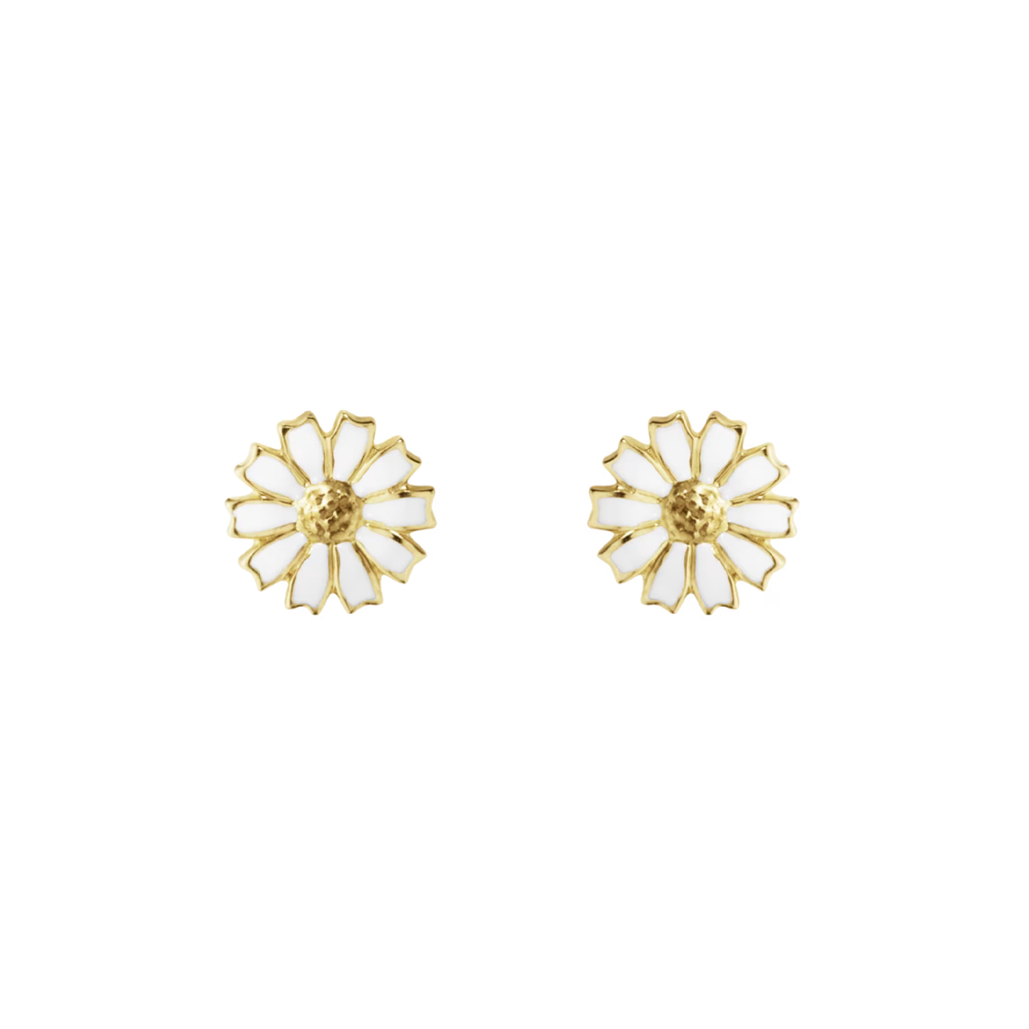 A pair of gold-plated sterling silver white enamelled flower stud earrings, for pierced ears from Georg Jensen’s Daisy Collection.