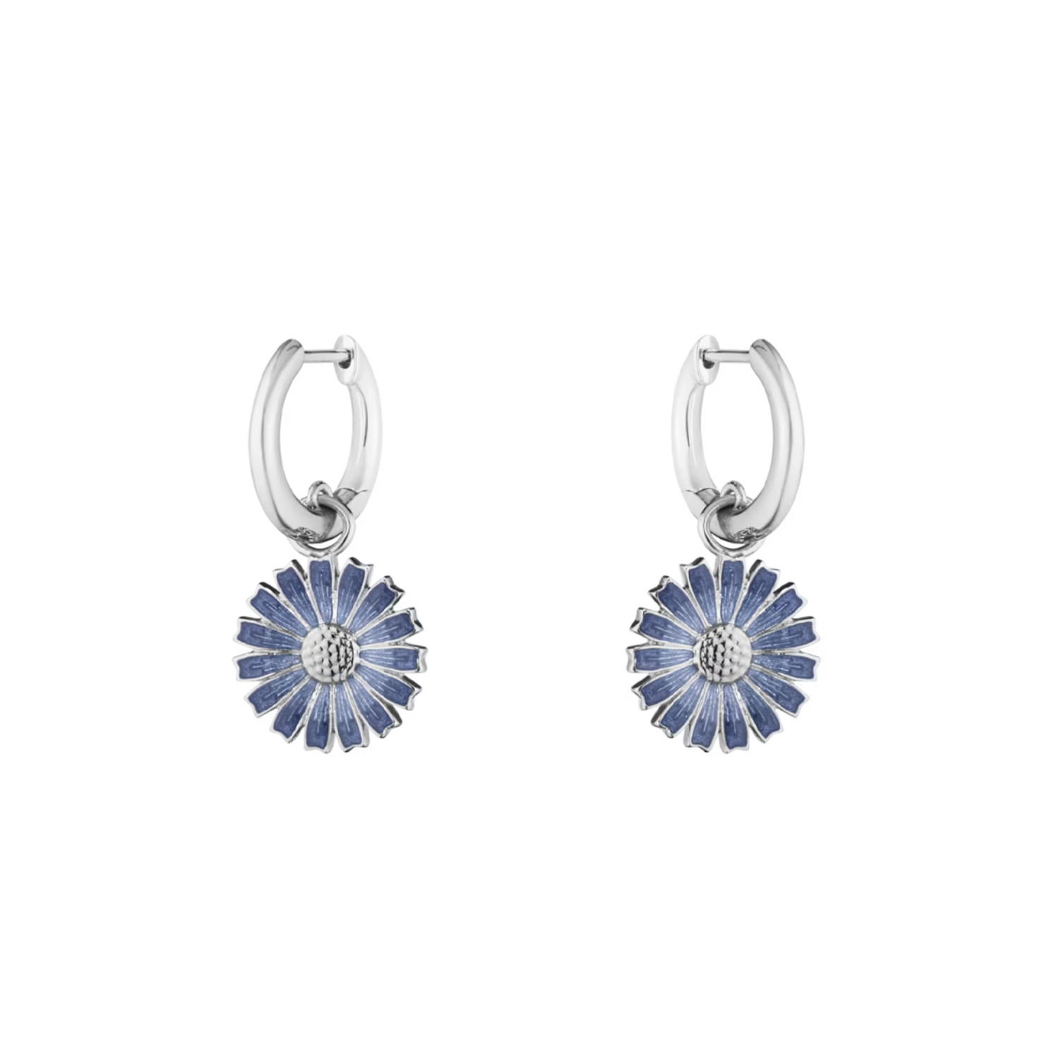 A pair of sterling silver blue enamelled flower hoop earrings, for pierced ears from Georg Jensen's Daisy collection.
