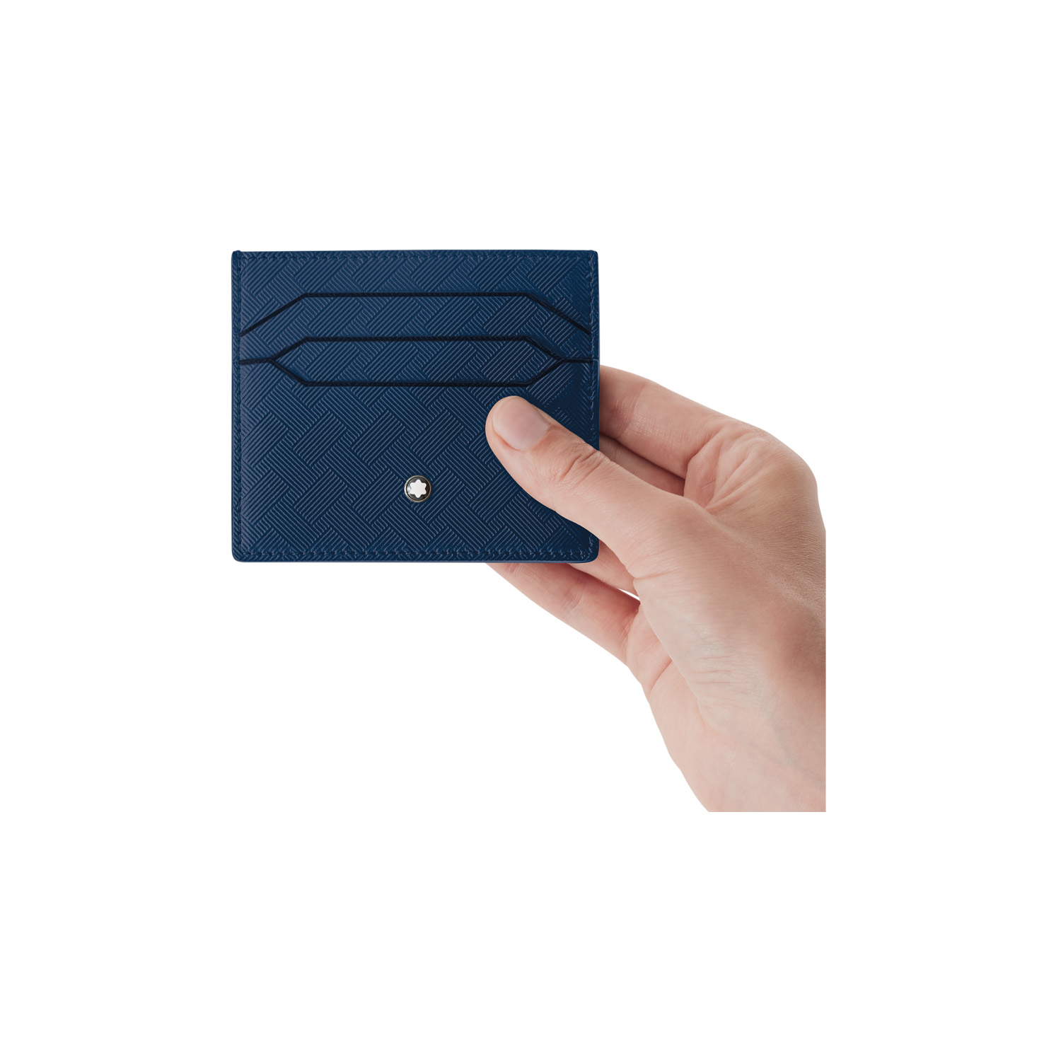 A Montblanc, Extreme 3.0 card holder crafted in navy blue coloured full-grain bovine leather with the Extreme 3.0 motif, featuring six credit card slots and an additional open pocket.
