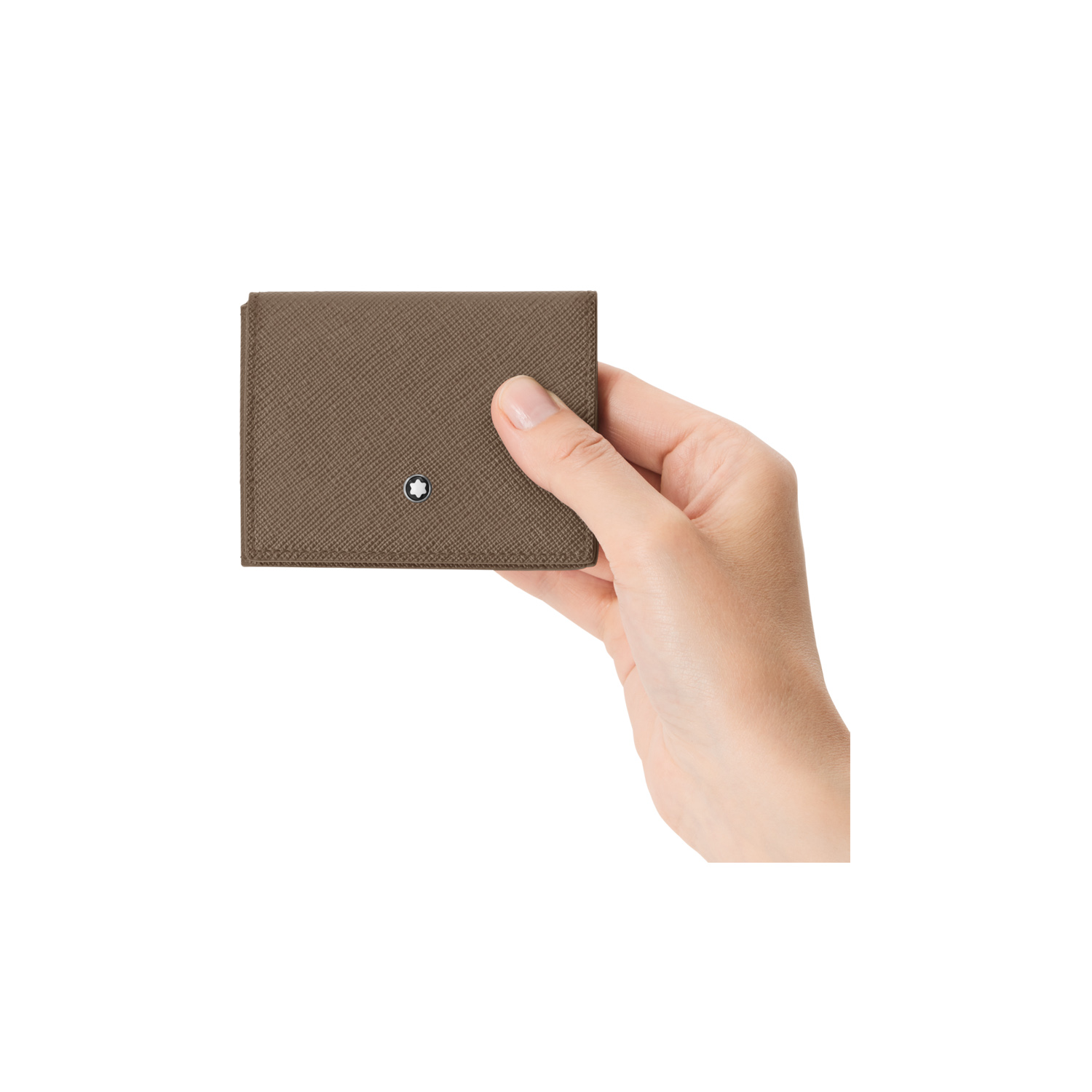 A Montblanc, Sartorial trio card holder crafted in light brown saffiano-printed leather with four credit card slots and a compartment for bank notes.