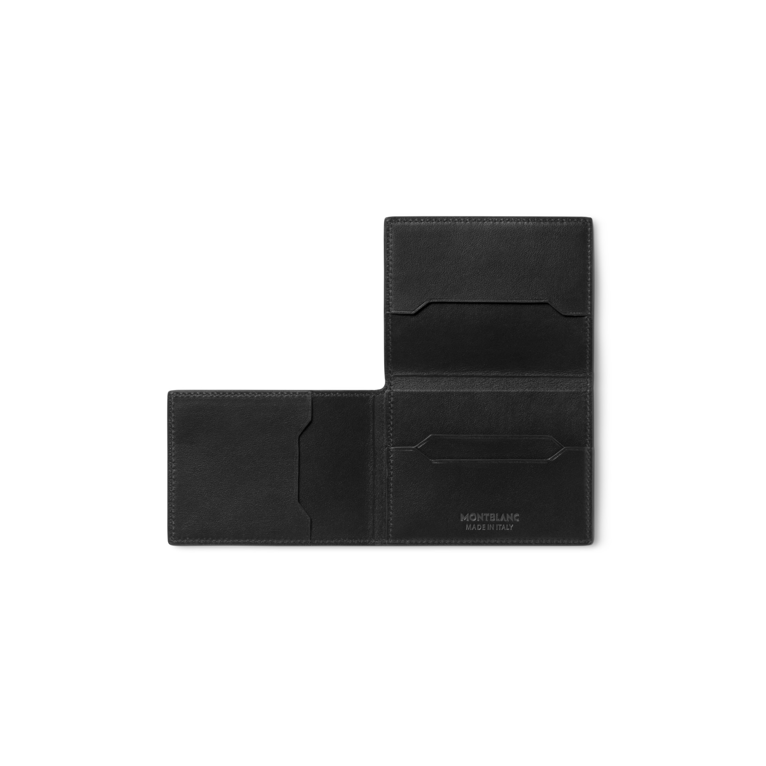 A Montblanc, soft tri-fold card holder crafted in black leather with four credit card slots and finished with the Montblanc emblem on the front.