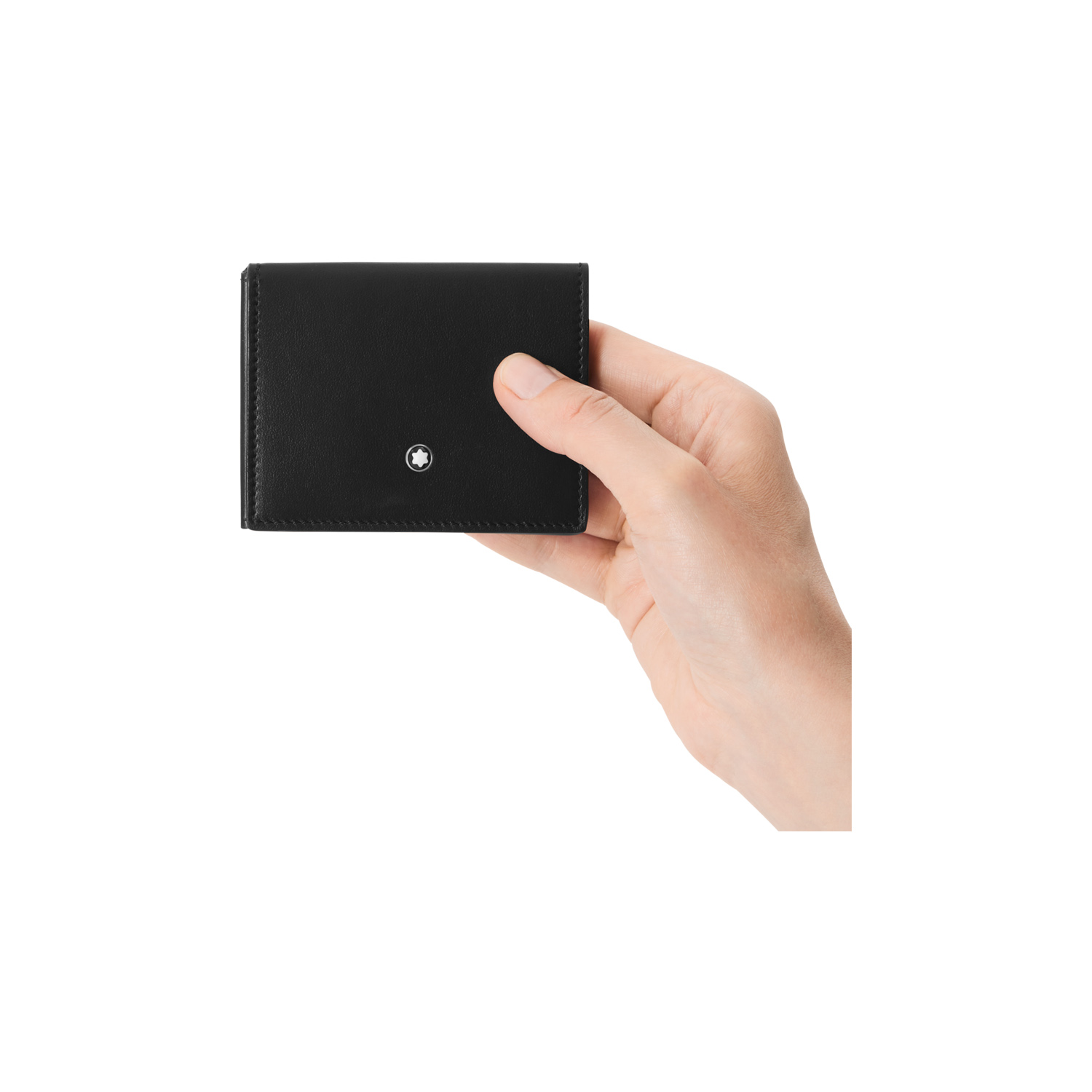 A Montblanc, soft tri-fold card holder crafted in black leather with four credit card slots and finished with the Montblanc emblem on the front.