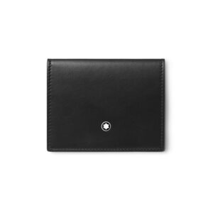 A Montblanc, soft tri-fold card holder crafted in black leather with four credit card slots and finished with the Montblanc emblem on the front.