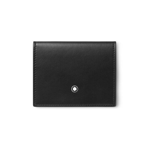 A Montblanc, soft tri-fold card holder crafted in black leather with four credit card slots and finished with the Montblanc emblem on the front.