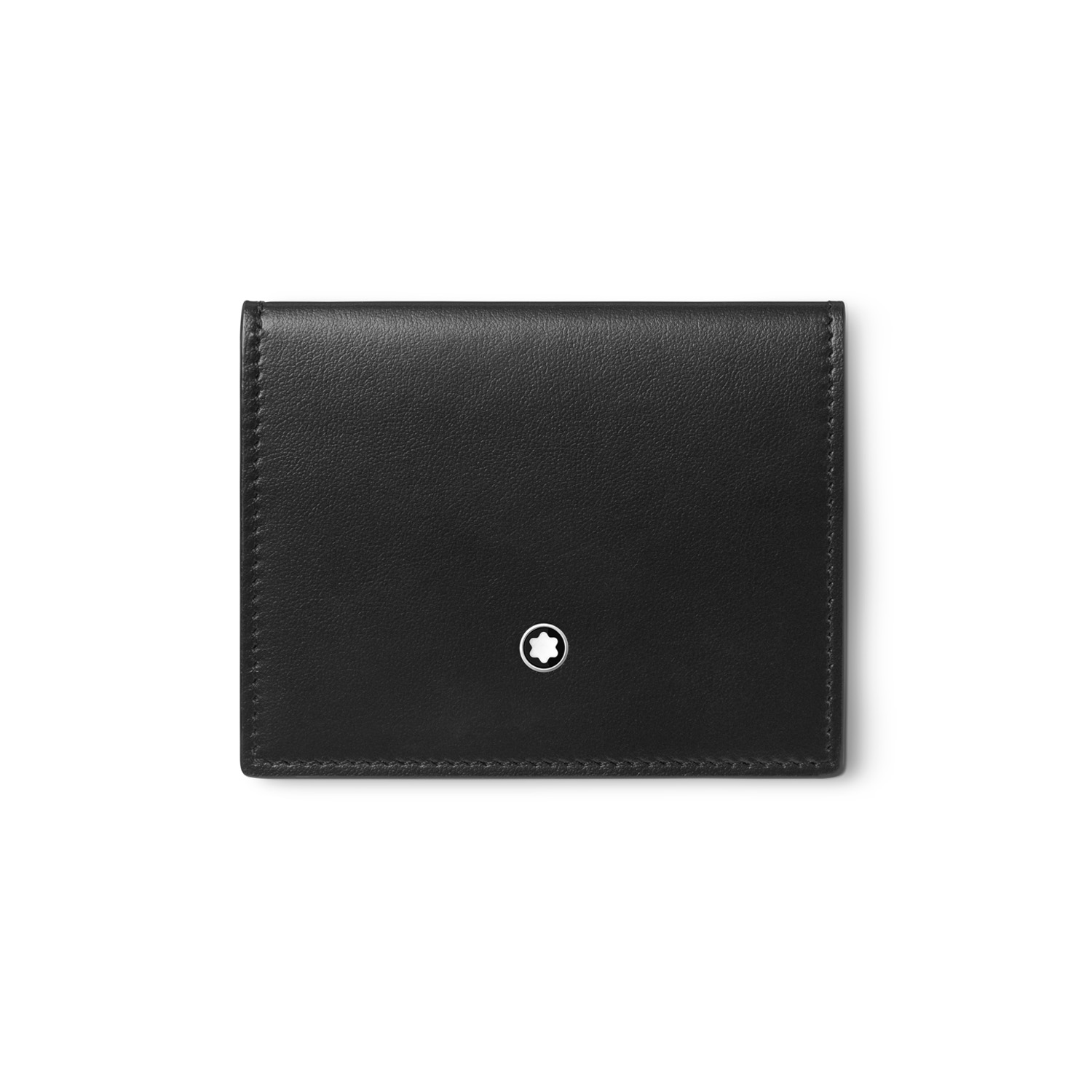 A Montblanc, soft tri-fold card holder crafted in black leather with four credit card slots and finished with the Montblanc emblem on the front.