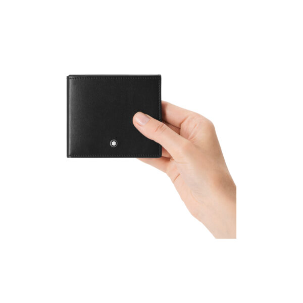 Montblanc, soft tr-fold thin wallet crafted in black leather with four credit card slots and a compartment for banknotes finished with the Montblanc emblem on the front.