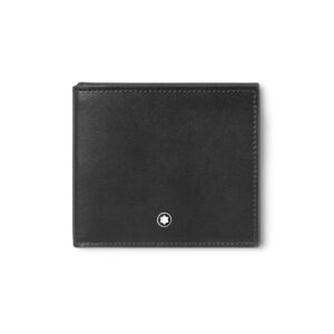 Montblanc, soft tr-fold thin wallet crafted in black leather with four credit card slots and a compartment for banknotes finished with the Montblanc emblem on the front.