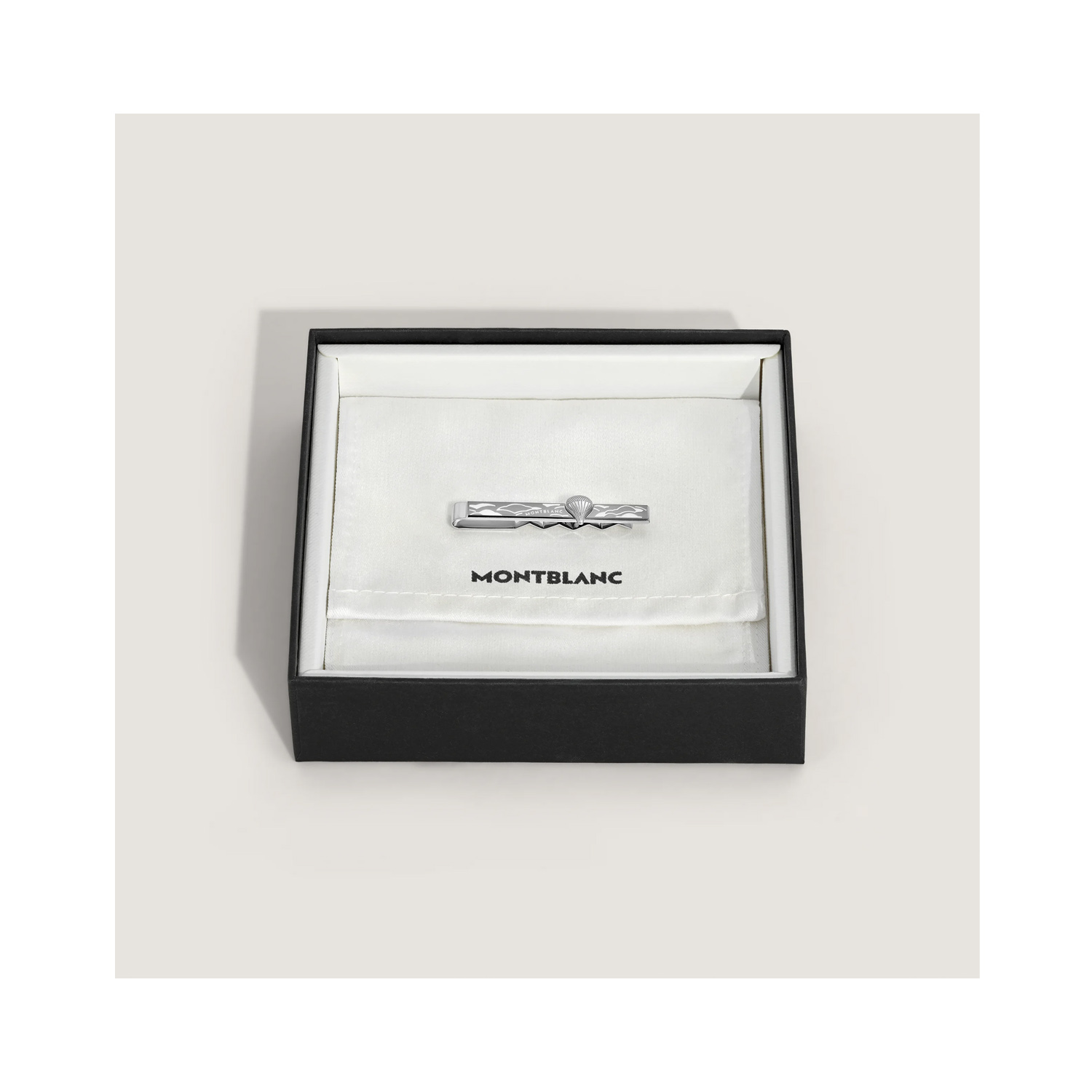 A Montblanc, Meisterstück Around The World In 80 Days tie bar crafted in stainless steel featuring a hot air balloon surrounded by clouds.