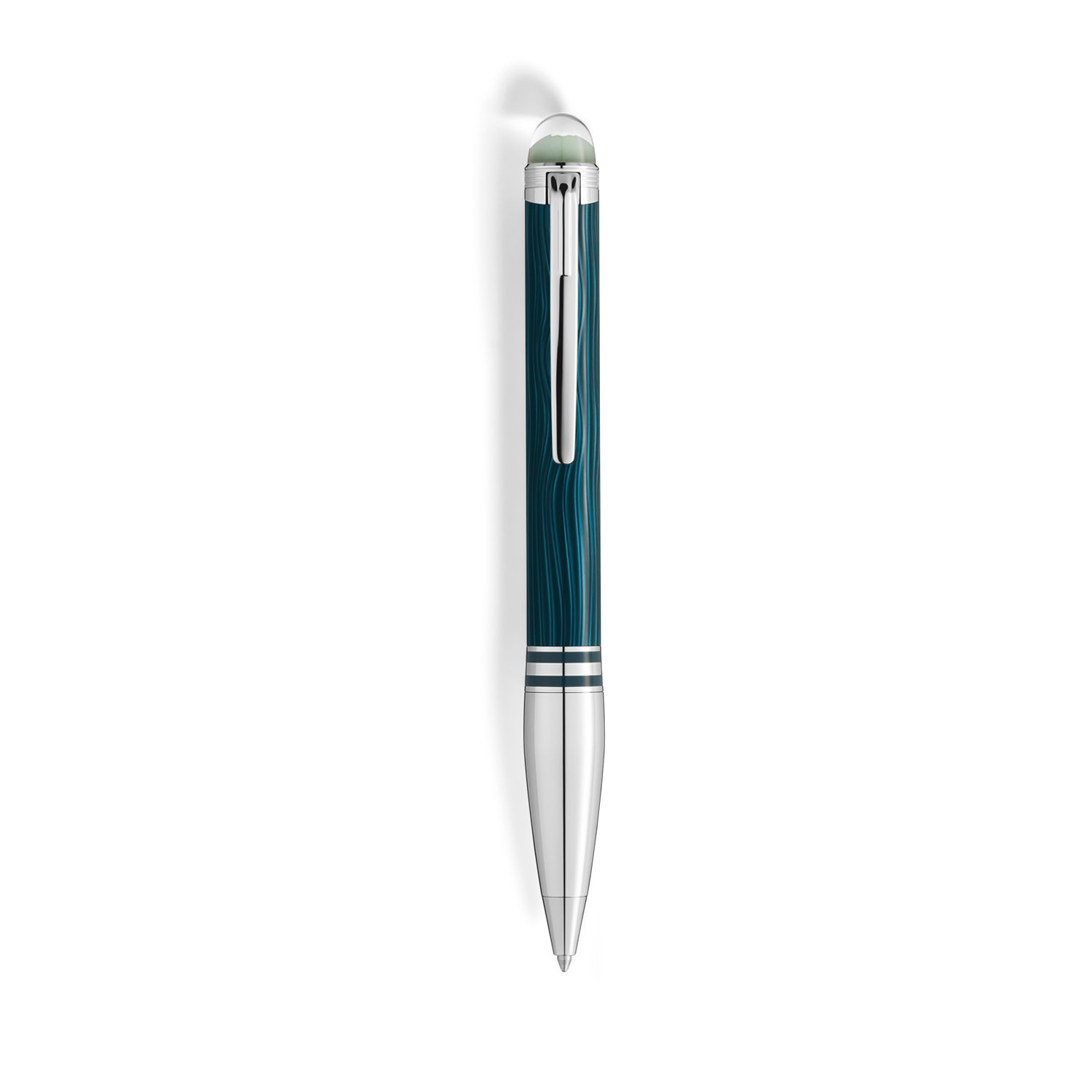 A Montblanc, Starwalker PolarGreen Metal Ballpoint pen crafted in green precious resin with platinum-coated fittings and a dome made from transparent resin with the Montblanc emblem that glows in low light.