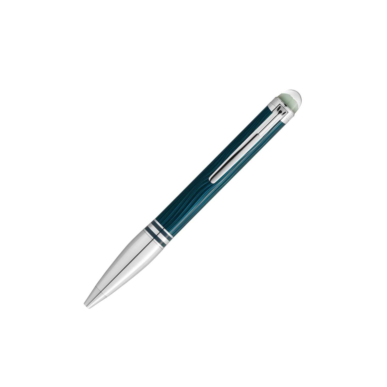 A Montblanc, Starwalker PolarGreen Metal Ballpoint pen crafted in green precious resin with platinum-coated fittings and a dome made from transparent resin with the Montblanc emblem that glows in low light.