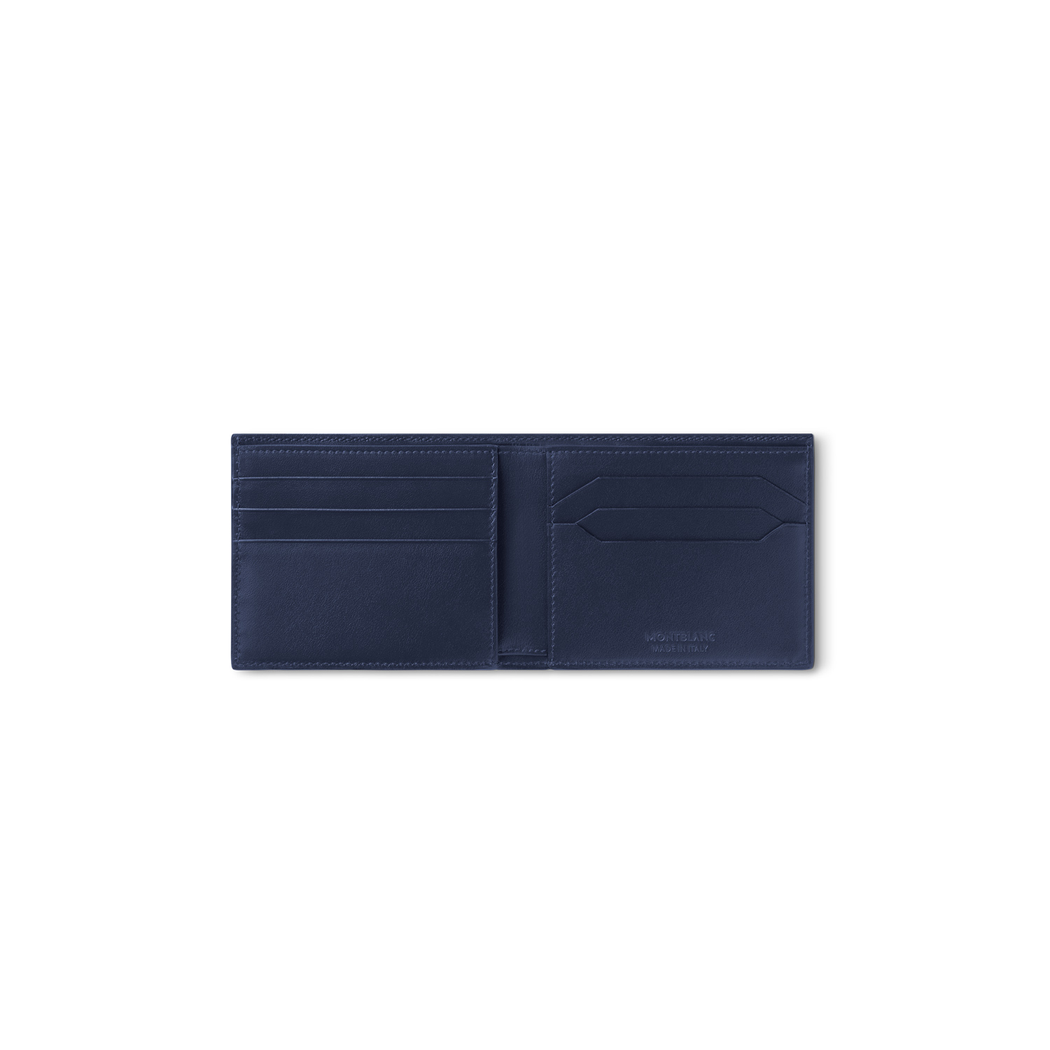 A Montblanc, Meisterstück wallet crafted in luxurious ink blue leather with six credit card slots with a compartment for banknotes and two additional small pockets.
