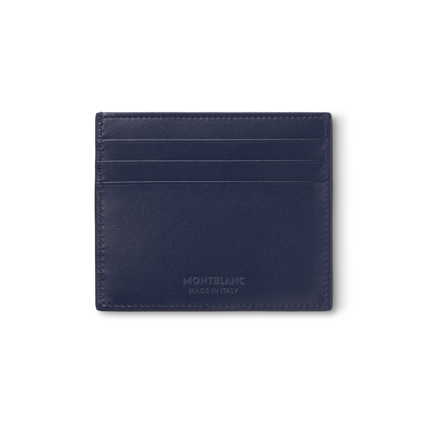 A Montblanc, Meisterstück card holder crafted in luxurious ink blue leather with six credit card slots and an additional small pocket.