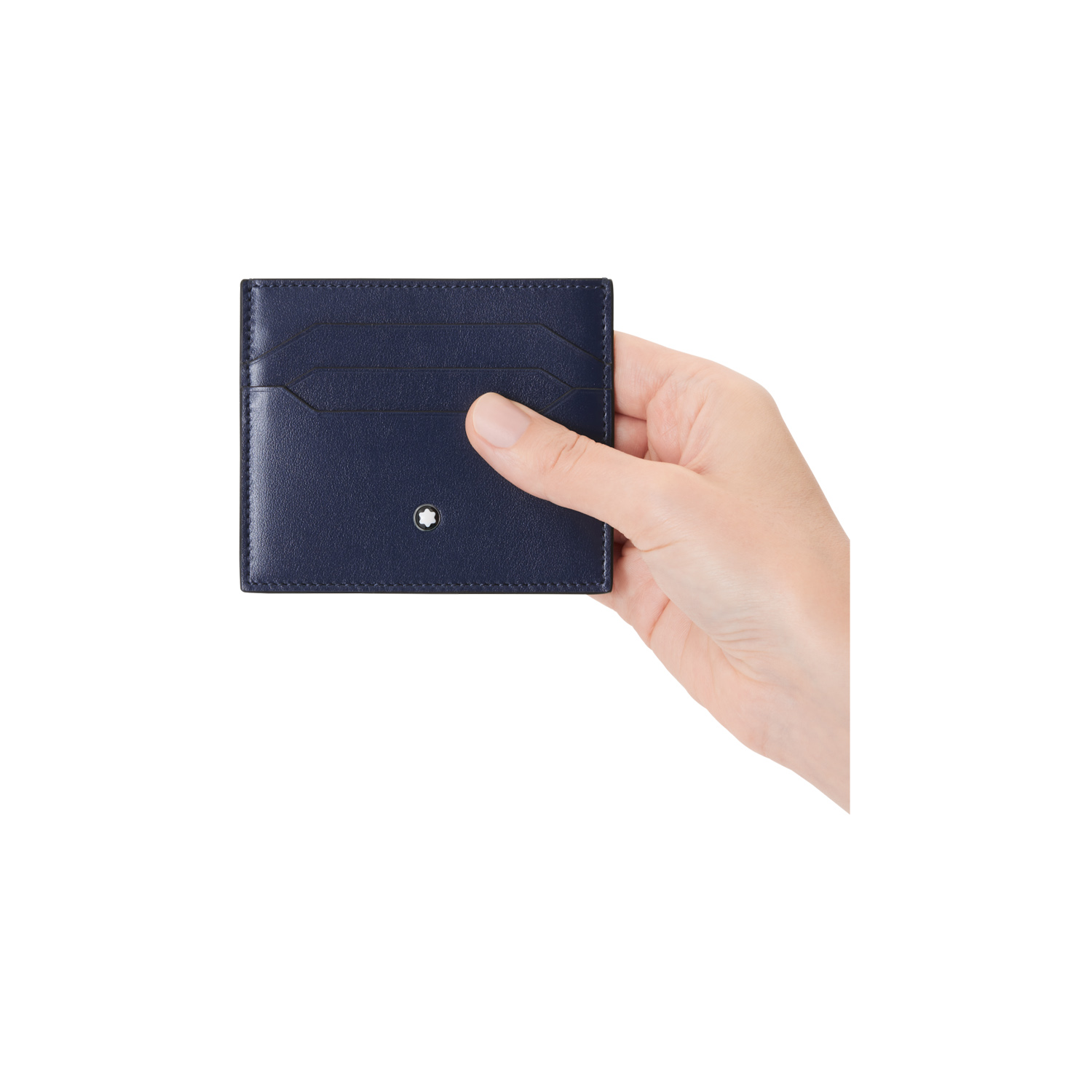 A Montblanc, Meisterstück card holder crafted in luxurious ink blue leather with six credit card slots and an additional small pocket.