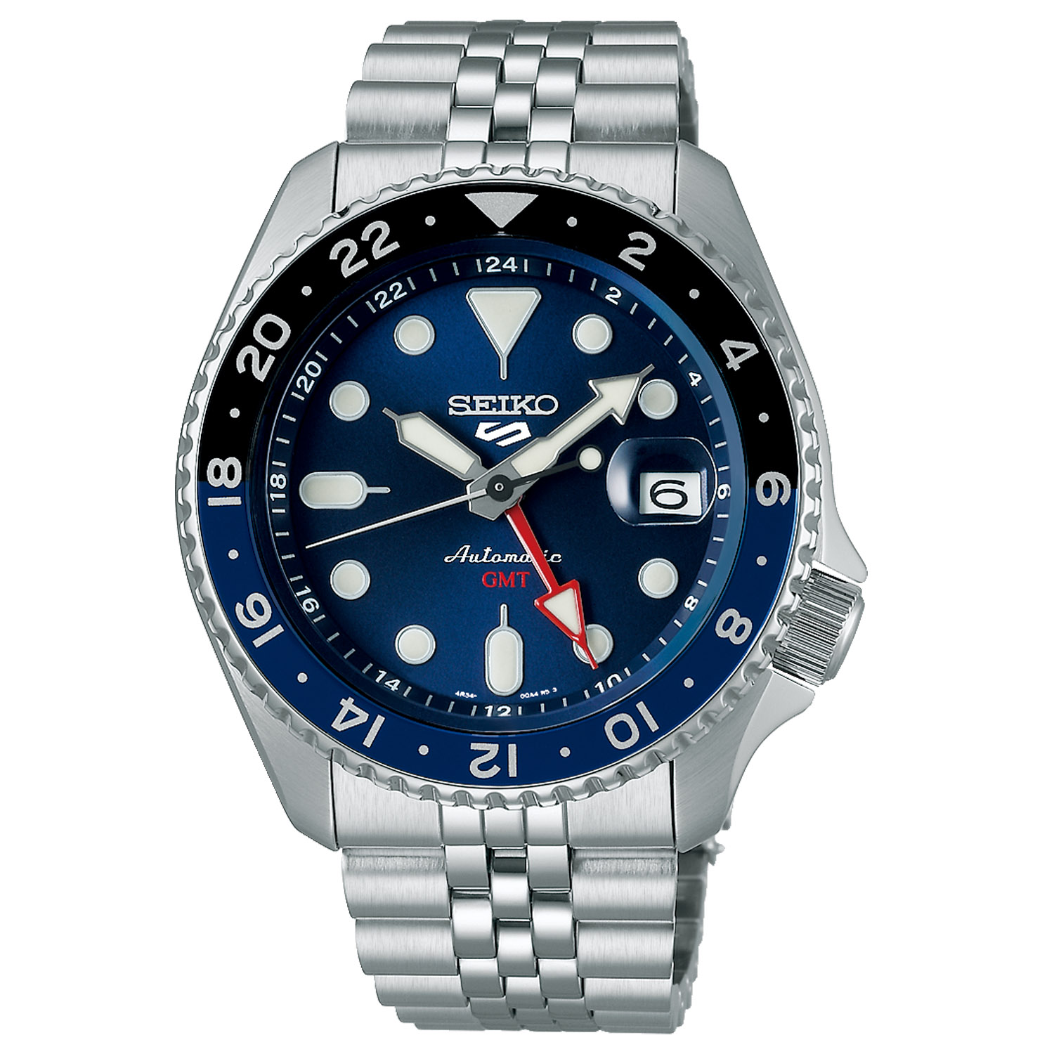 Seiko 5 Sports with a 42.5mm stainless steel case and bracelet strap featuring a date function, GMT function and a blue dial and bezel.