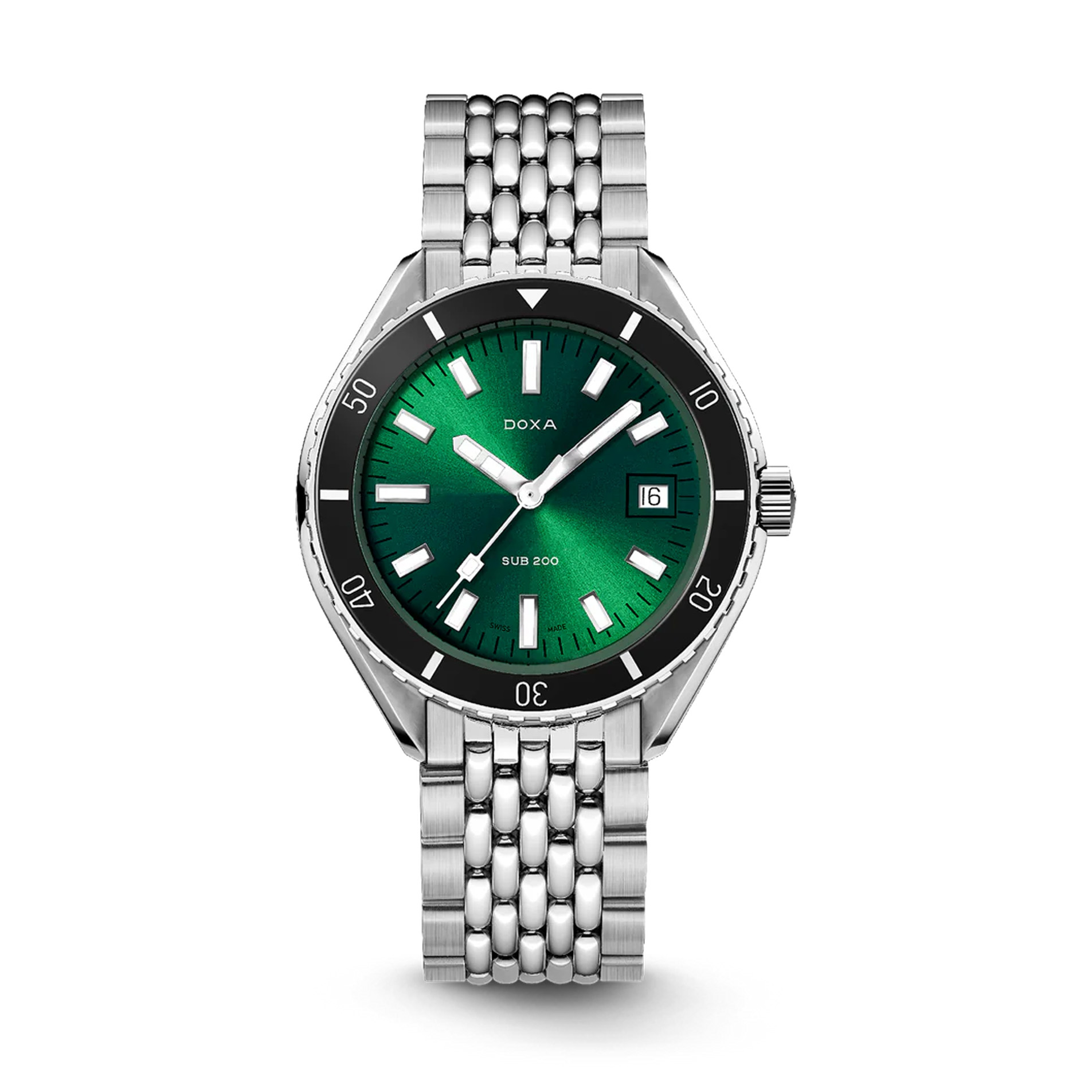 DOXA SUB 200, Sea Emerald with a 42mm stainless steel case and bracelet strap featuring a date function with a green dial and black bezel.