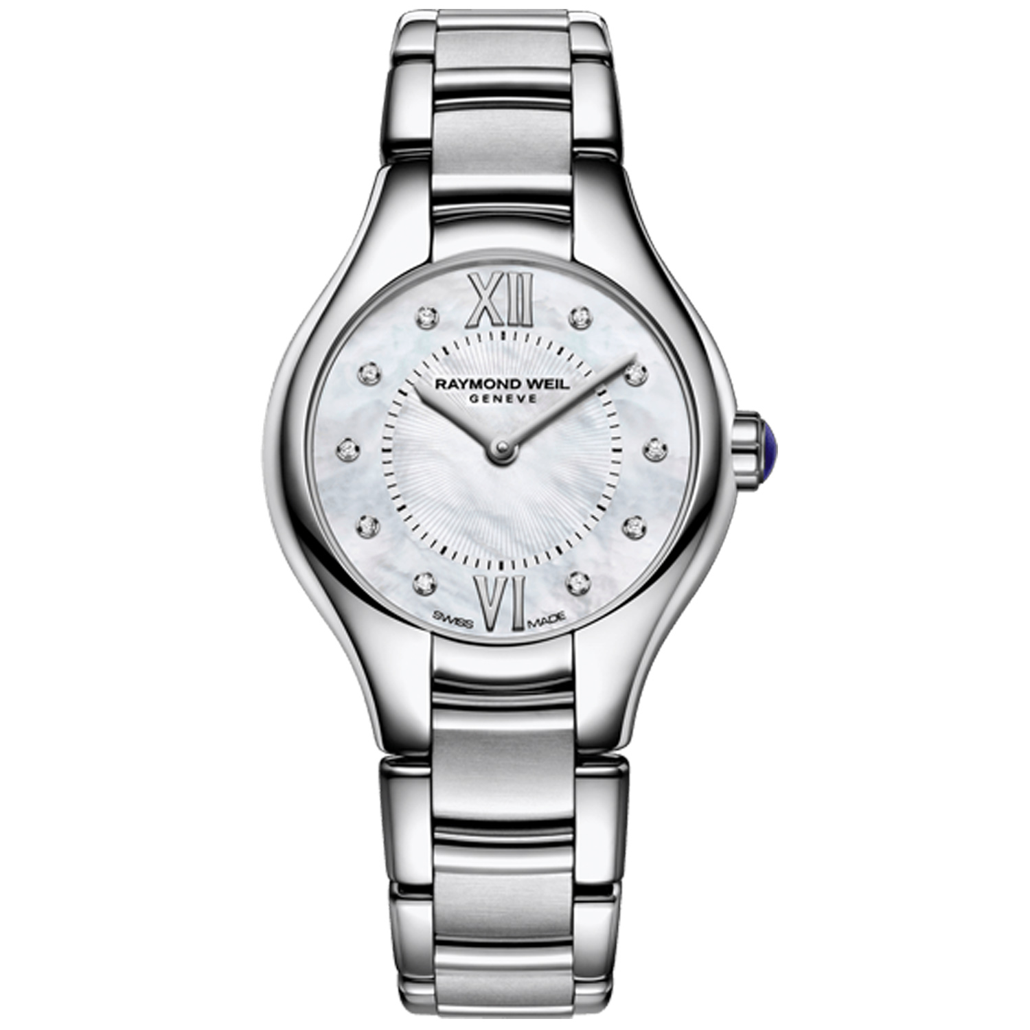 Raymond Weil, Noemia with a 24mm stainless steel case and bracelet strap featuring a diamond set mother of pearl dial.