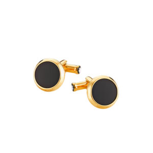 A pair of Montblanc, Meisterstück cufflinks in stainless steel coated with yellow gold coloured PVD and a black onyx stone inlay.