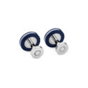 A pair of Montblanc, PIX cufflinks in stainless steel featuring the Montblanc emblem surrounded by blue inlay.