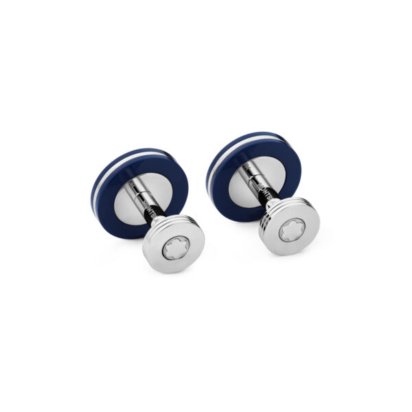 A pair of Montblanc, PIX cufflinks in stainless steel featuring the Montblanc emblem surrounded by blue inlay.
