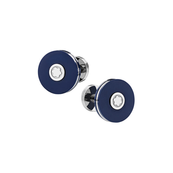 A pair of Montblanc, PIX cufflinks in stainless steel featuring the Montblanc emblem surrounded by blue inlay.
