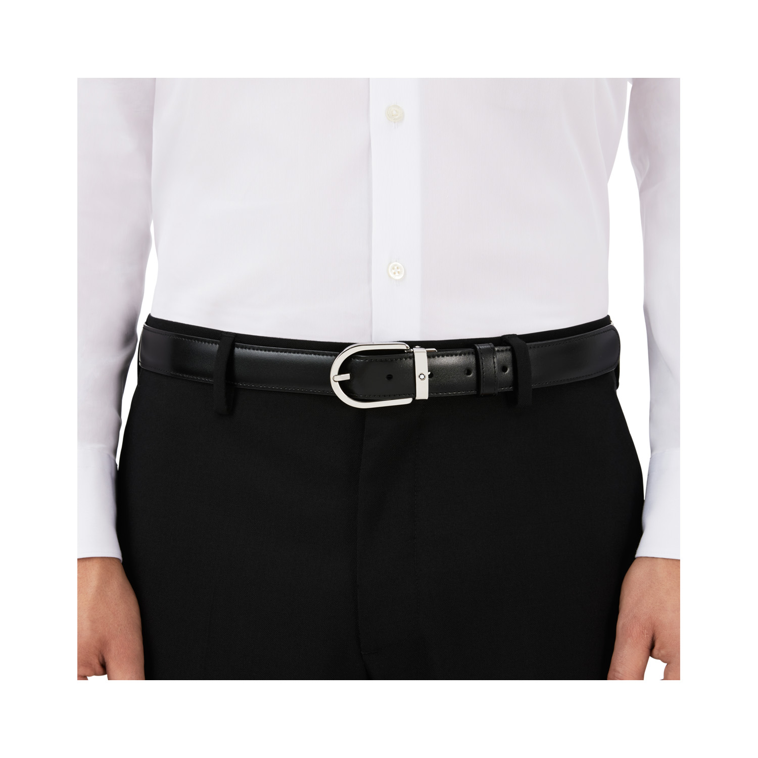 Montblanc, Horseshoe Buckle Black/Brown Leather Belt A Montblanc, Horseshoe palladium-finish buckle black/ brown reversible leather belt with Montblanc emblem.