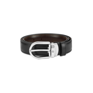 A Montblanc, Horseshoe palladium-finish buckle black/ brown reversible leather belt with Montblanc emblem.