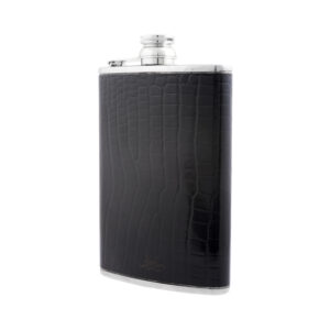A stainless steel hip flask wrapped in black decorative leather with an 8oz capacity.