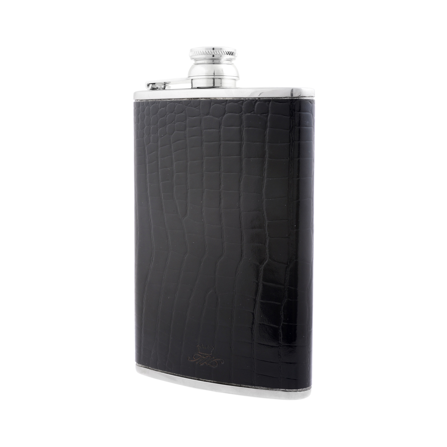 Black Leather & Stainless Steel 8oz Hip Flask A stainless steel hip flask wrapped in black decorative leather with an 8oz capacity.