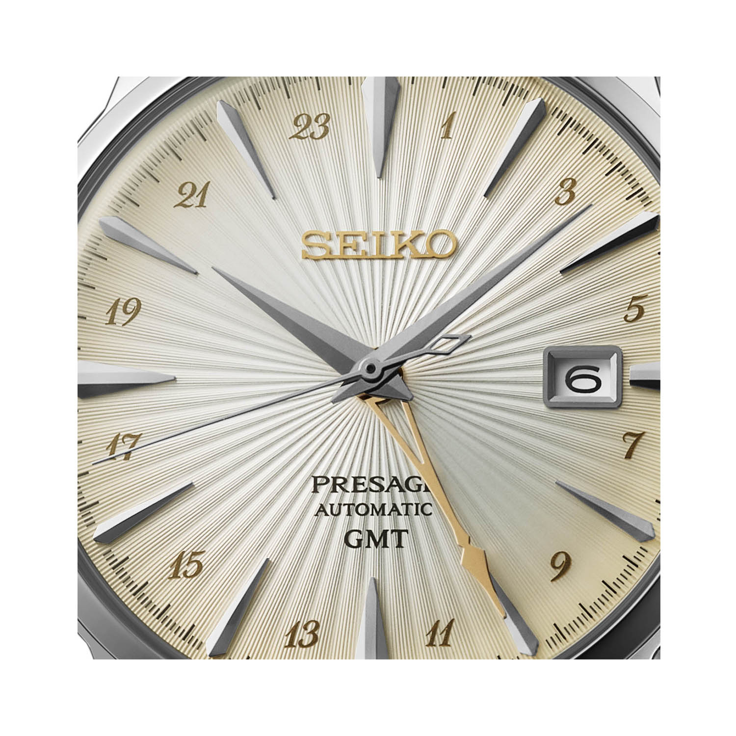 Seiko, Presage ‘Acacia’ Cocktail Time GMT with a 40.5mm stainless steel case and a brown leather strap featuring a date function and a cream coloured dial.