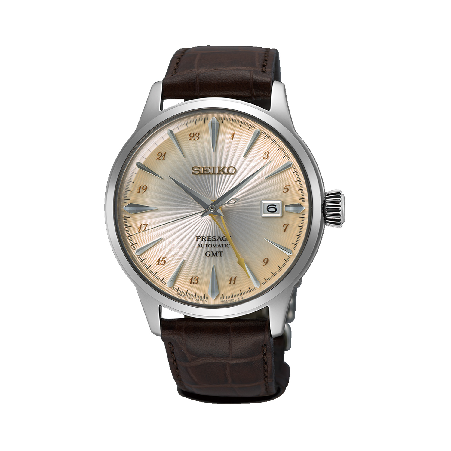Seiko, Presage ‘Acacia’ Cocktail Time GMT with a 40.5mm stainless steel case and a brown leather strap featuring a date function and a cream coloured dial.