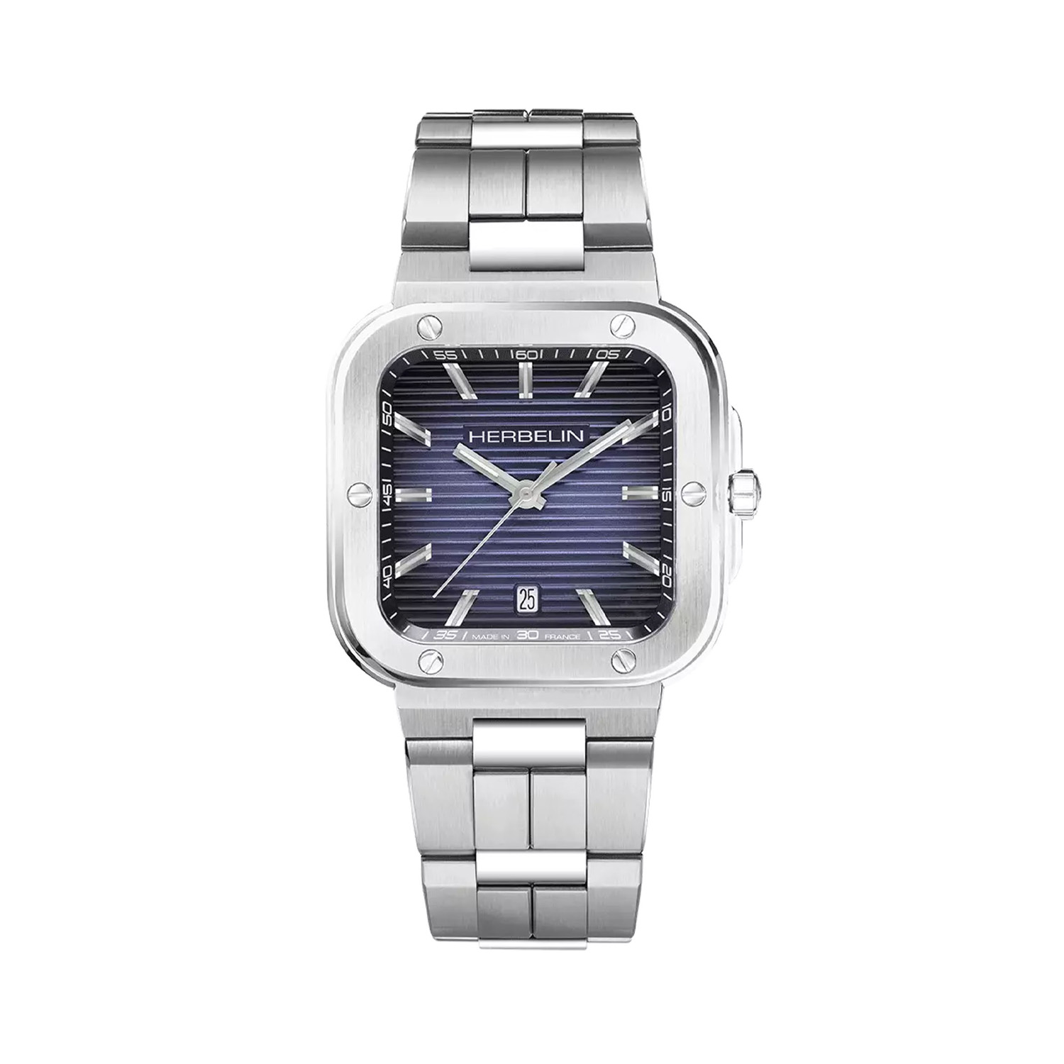 Herbelin, Cap Camarat Square with a 39mm stainless steel case and bracelet strap featuring a date function and a blue dial.