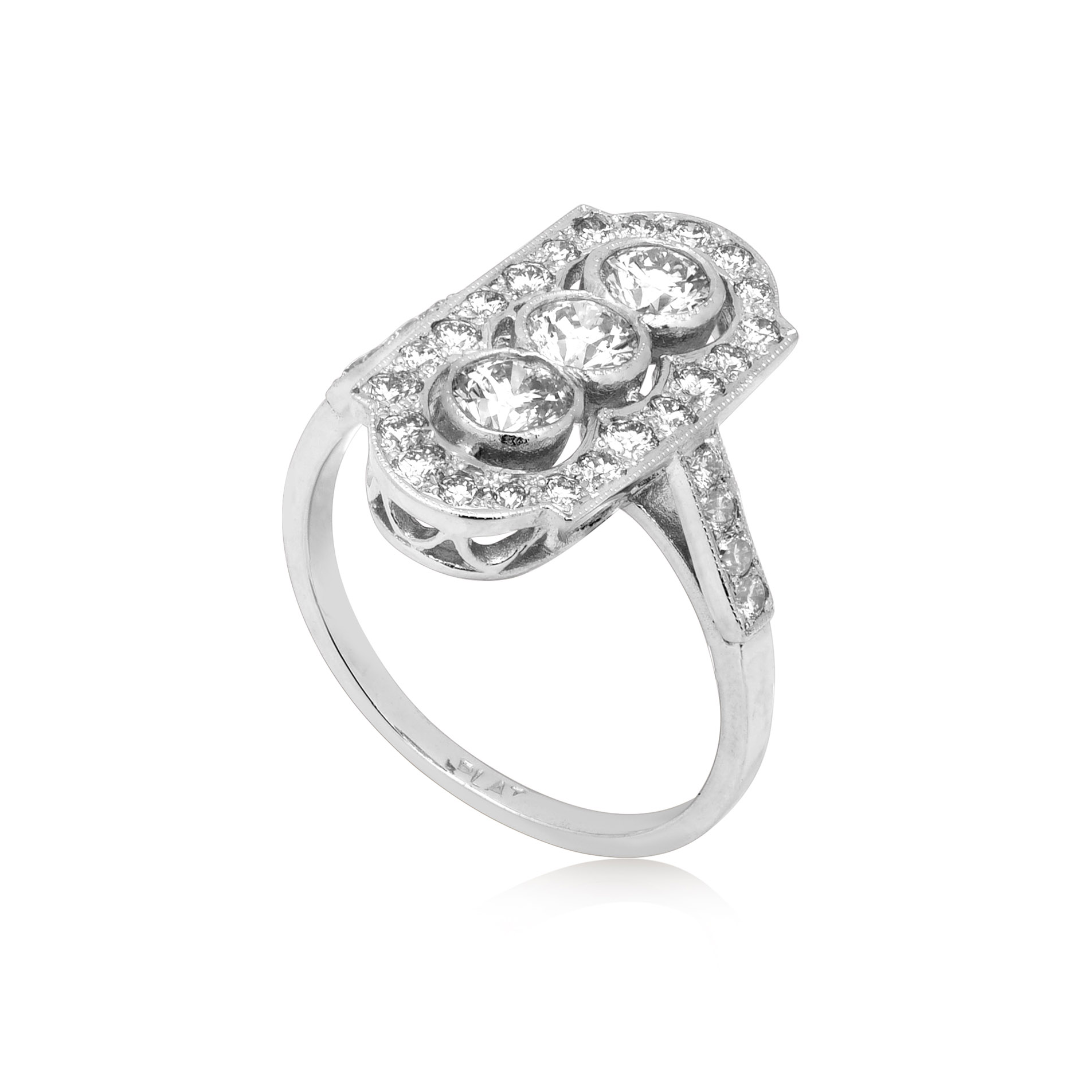 A platinum diamond plaque ring with rubover and millegrain settings and diamond set shoulders.
