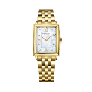 Raymond Weil, Toccata with a 22.6 x 28.1mm stainless steel yellow gold PVD coated case and bracelet strap featuring a date function and a mother of pearl diamond set dial.