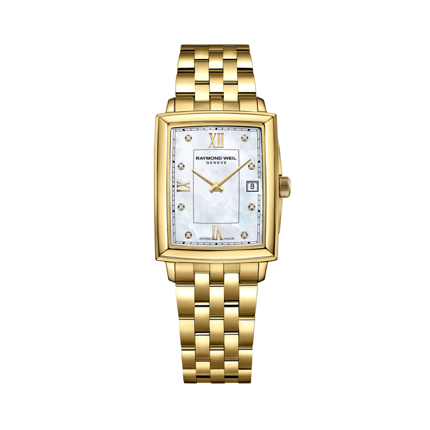 Raymond Weil, Toccata with a 22.6 x 28.1mm stainless steel yellow gold PVD coated case and bracelet strap featuring a date function and a mother of pearl diamond set dial.