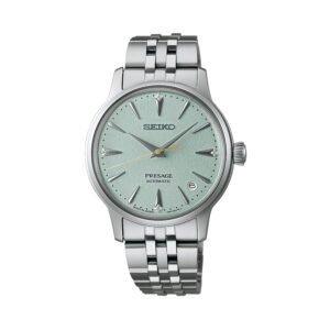 Seiko, Presage ‘Frozen Mojito’ Diamond Cocktail Time with a 34mm stainless steel case and bracelet strap featuring a date function and a green diamond set dial.