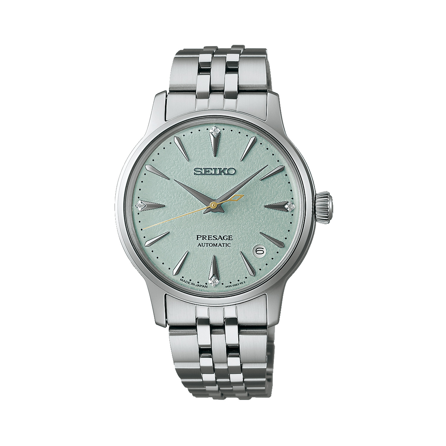 Seiko, Presage ‘Frozen Mojito’ Diamond Cocktail Time, Automatic Women's Watch Seiko, Presage ‘Frozen Mojito’ Diamond Cocktail Time with a 34mm stainless steel case and bracelet strap featuring a date function and a green diamond set dial.