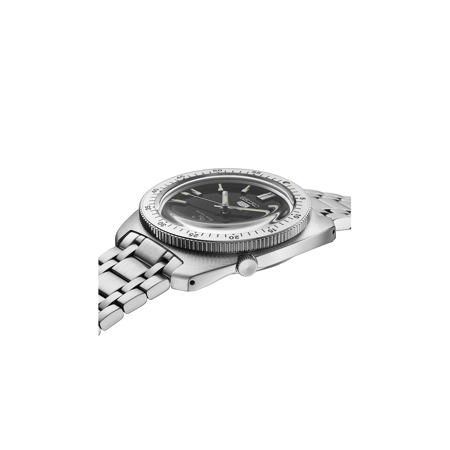 Seiko, 5 Sports Black Heritage Design Recreation Limited Edition, Automatic Men's Watch Seiko, 5 Sports Black Heritage Design Recreation Limited Edition with a 38.2mm stainless steel case and bracelet strap featuring a day date function and a black dial and a silver bezel.