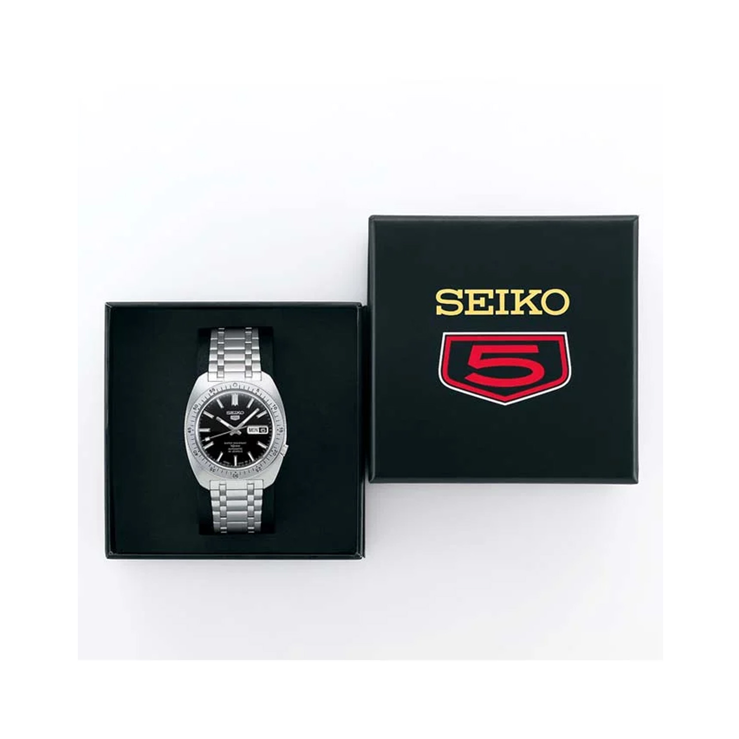 Seiko, 5 Sports Black Heritage Design Recreation Limited Edition, Automatic Men's Watch Seiko, 5 Sports Black Heritage Design Recreation Limited Edition with a 38.2mm stainless steel case and bracelet strap featuring a day date function and a black dial and a silver bezel.