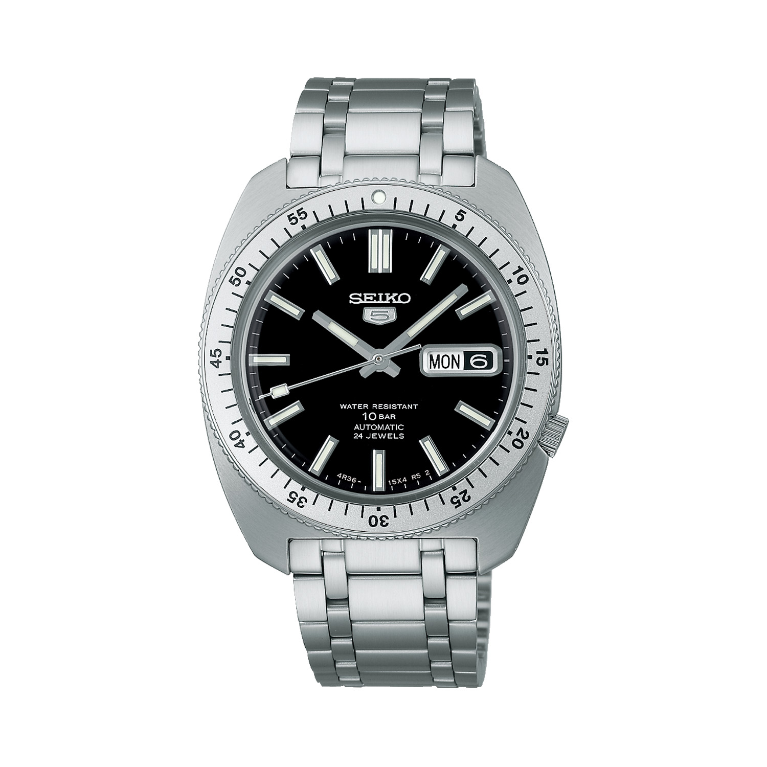 Seiko, 5 Sports Black Heritage Design Recreation Limited Edition, Automatic Men's Watch Seiko, 5 Sports Black Heritage Design Recreation Limited Edition with a 38.2mm stainless steel case and bracelet strap featuring a day date function and a black dial and a silver bezel.