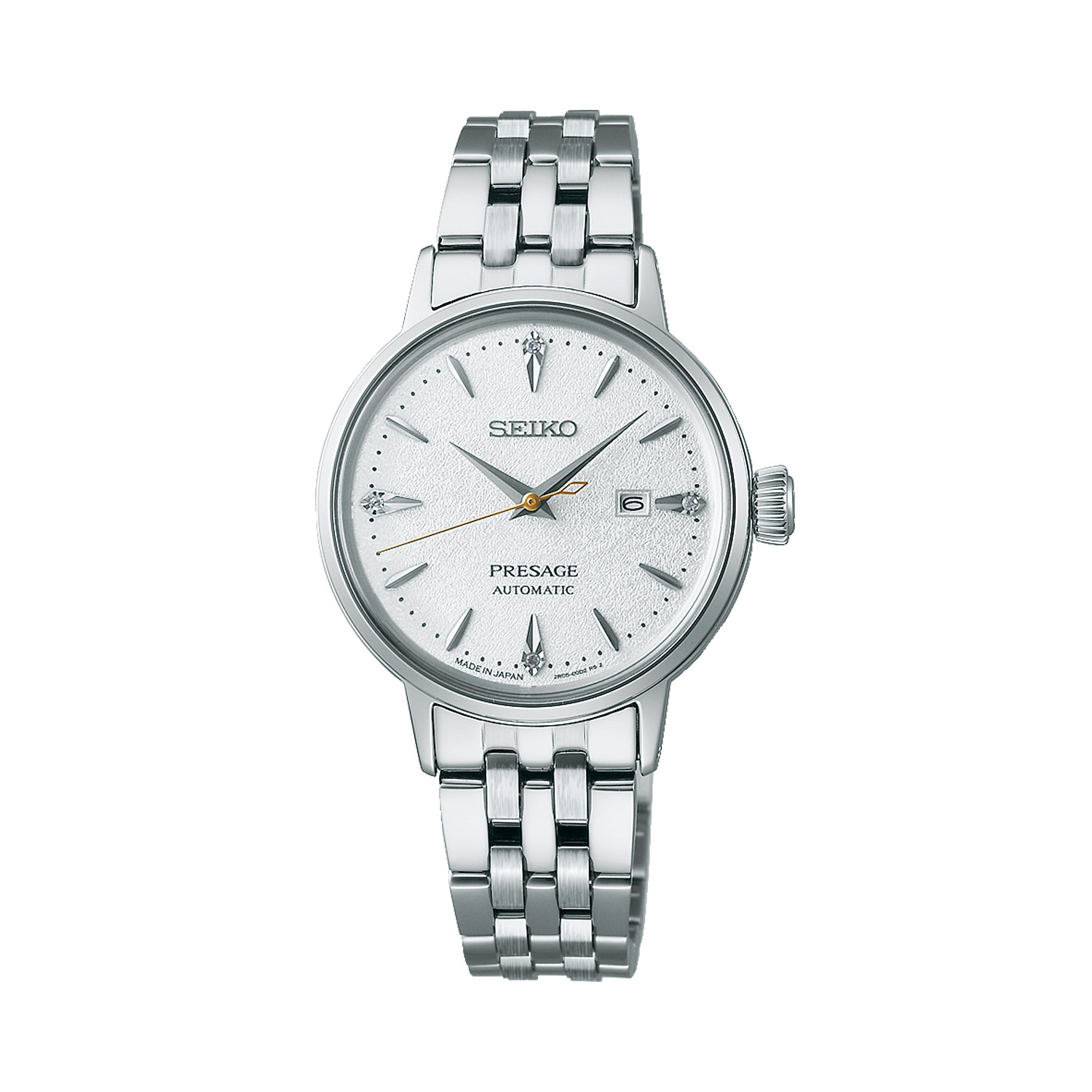 Seiko, Presage ‘Hot Buttered Rum’ Diamond Set Cocktail Time with a 30.3mm stainless steel case and bracelet strap featuring a date function and a silver diamond set dial.