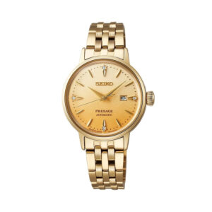 Seiko, Presage 'Eggnog' Diamond Set Cocktail Time with a 30.3mm stainless steel case and bracelet strap featuring a date function and a gold coloured diamond set dial.