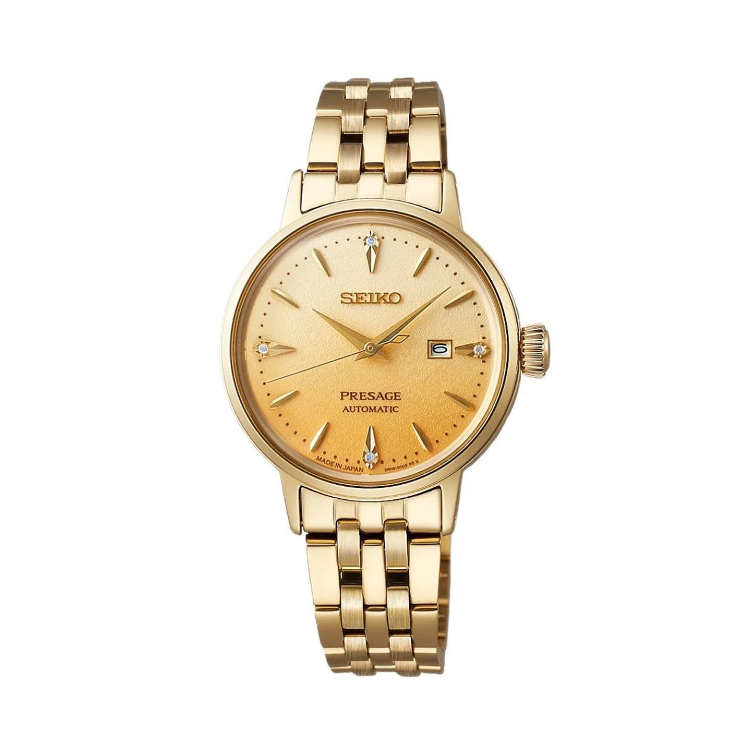 Seiko, Presage 'Eggnog' Diamond Set Cocktail Time with a 30.3mm stainless steel case and bracelet strap featuring a date function and a gold coloured diamond set dial.