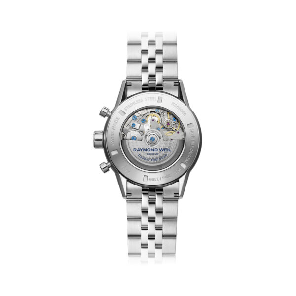 Raymond Weil, Freelancer with a 43.5mm stainless steel case and bracelet strap featuring a chronograph and a white dial with a black bezel.
