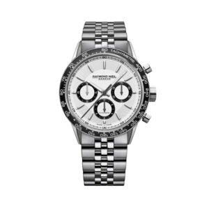 Raymond Weil, Freelancer with a 43.5mm stainless steel case and bracelet strap featuring a chronograph and a white dial with a black bezel.