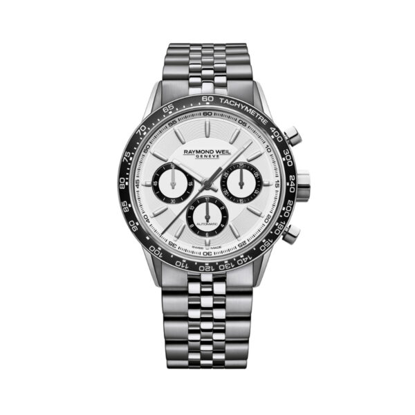 Raymond Weil, Freelancer with a 43.5mm stainless steel case and bracelet strap featuring a chronograph and a white dial with a black bezel.