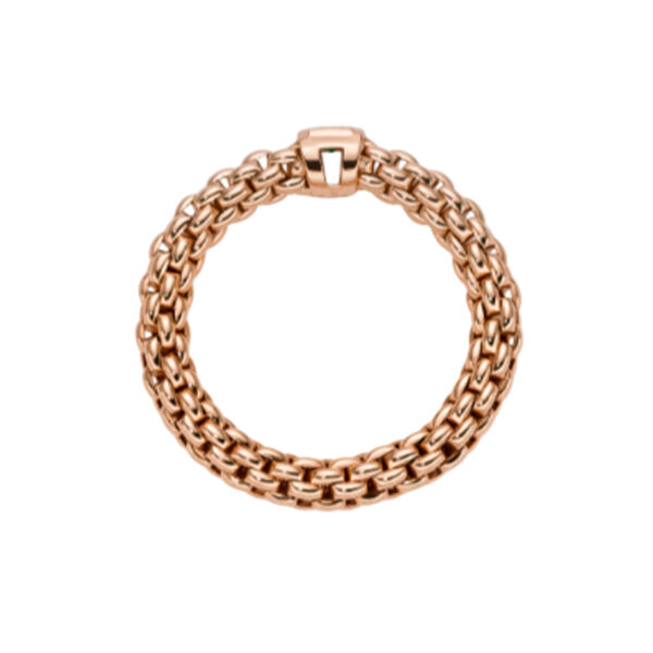 An 18ct rose gold Flex'It ring with a single green emerald belonging to FOPE's Souls collection.