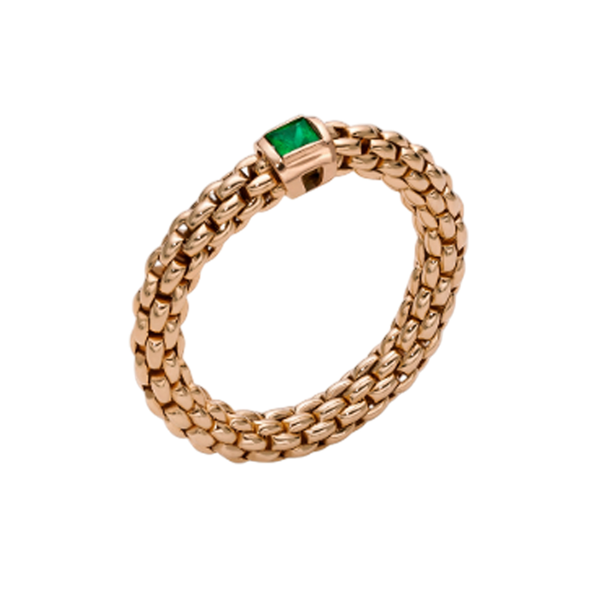 An 18ct rose gold Flex'It ring with a single green emerald belonging to FOPE's Souls collection.